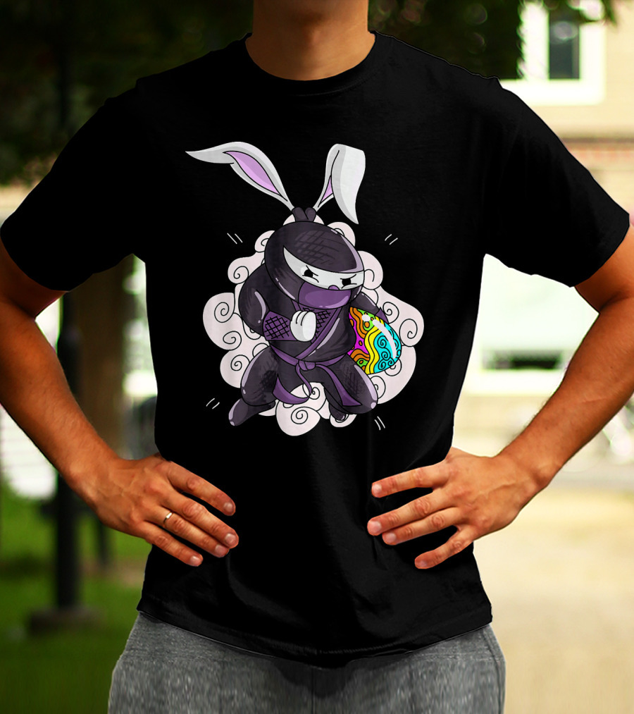 Easter Bunny Ninja Holding Colorful Egg In Cute Little Egg Hunt Scene T-Shirt