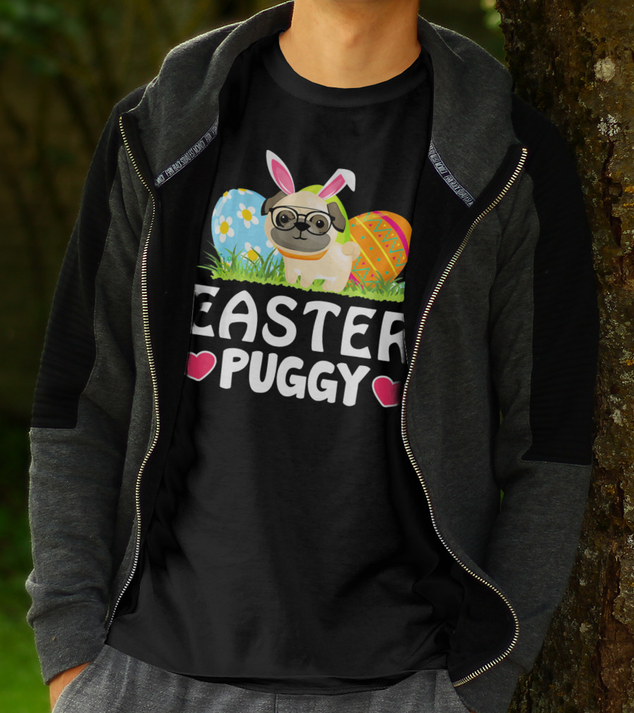 Easter Puggy Cute Dog Pug Funny Easter Bunny Ears And Eggs T-Shirt