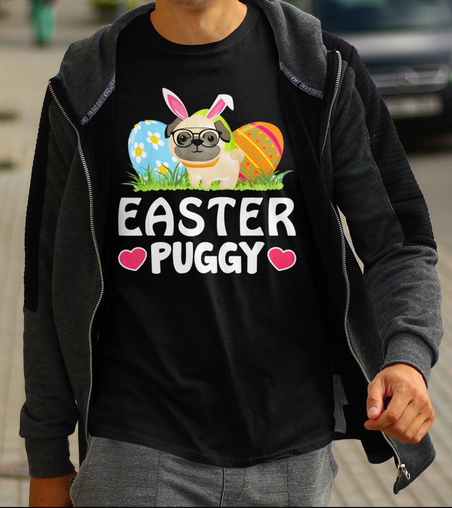 Easter Puggy Cute Dog Pug Funny Easter Bunny Ears And Eggs T-Shirt