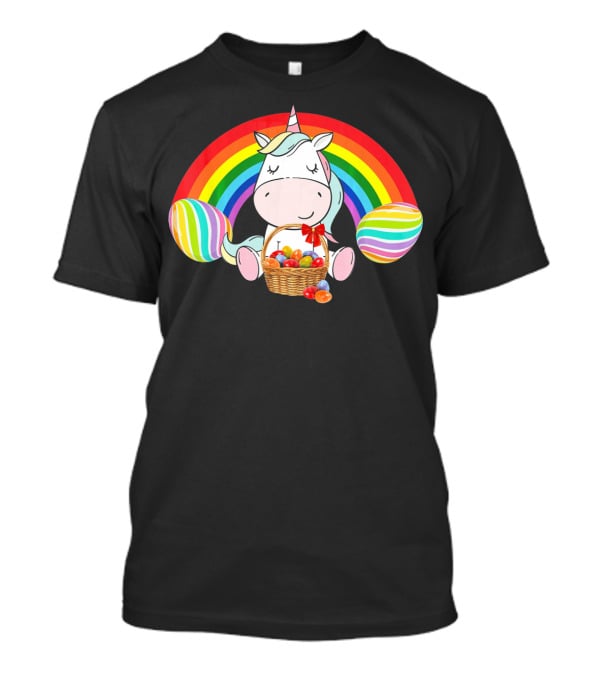 Unicorn Easter With Rainbow And Basket Of Eggs T-Shirt