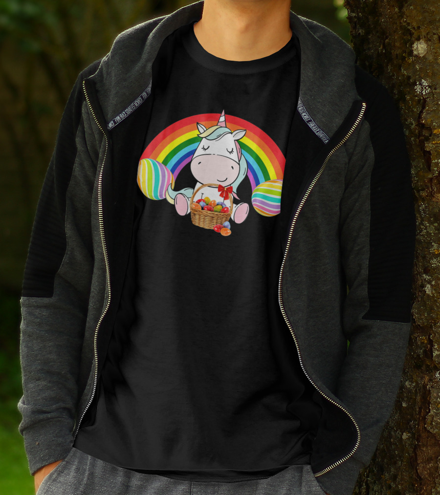Unicorn Easter With Rainbow And Basket Of Eggs T-Shirt