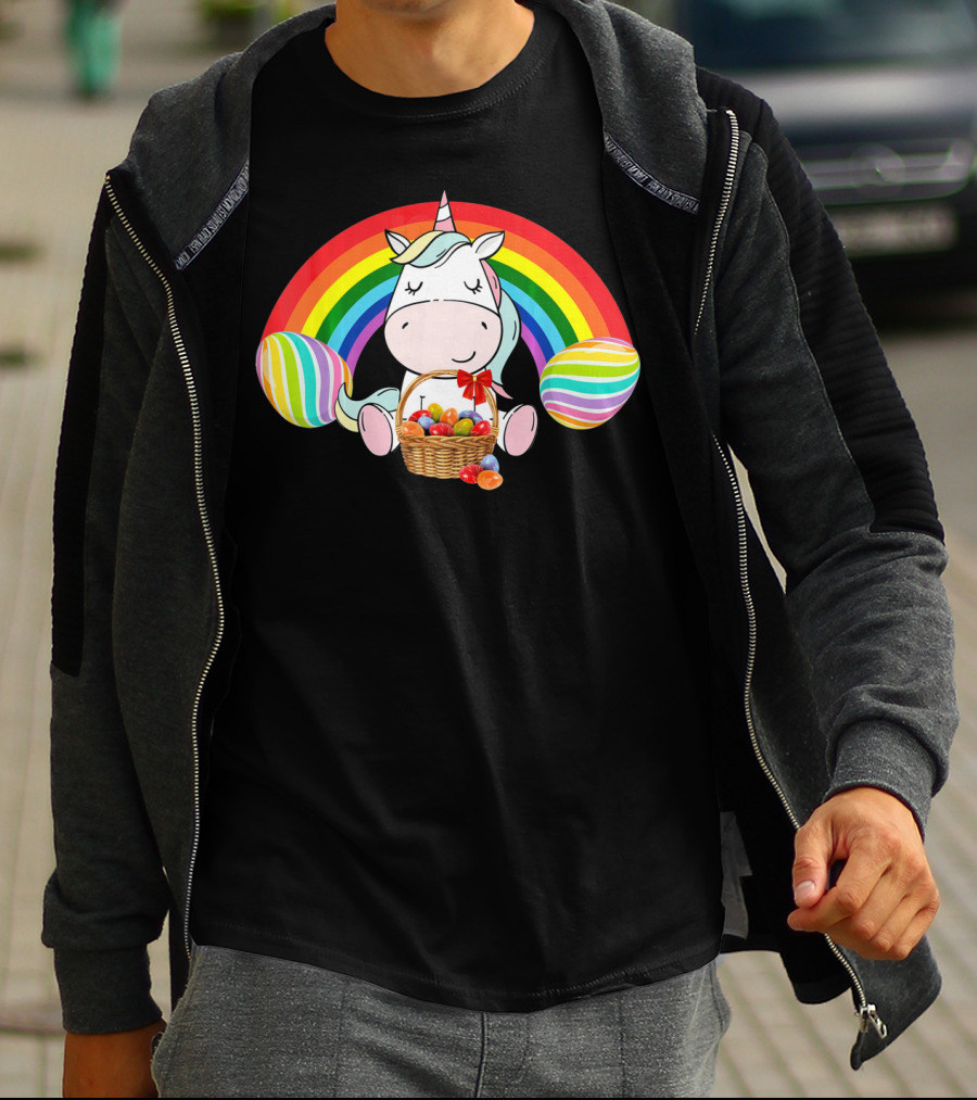 Unicorn Easter With Rainbow And Basket Of Eggs T-Shirt