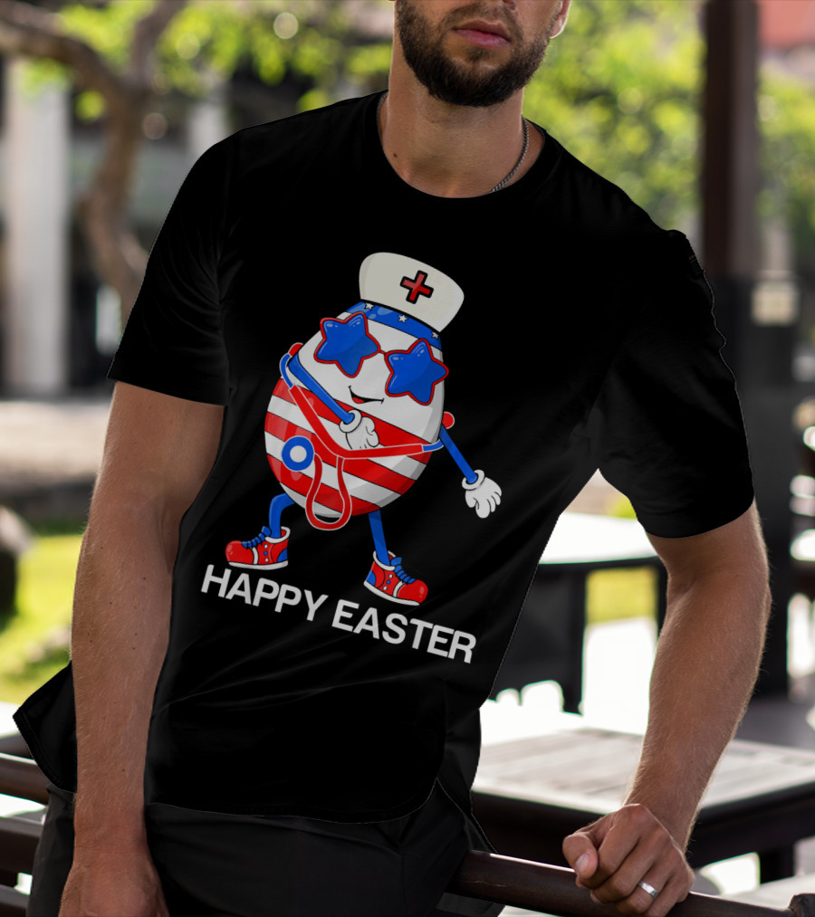 Happy Easter Flossing Egg With Stethoscope Nurse Hat And Stars T-Shirt