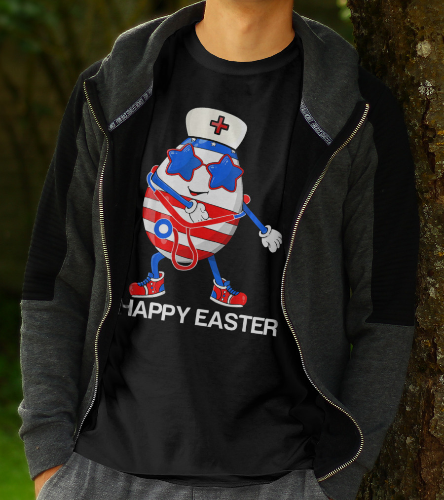 Happy Easter Flossing Egg With Stethoscope Nurse Hat And Stars T-Shirt