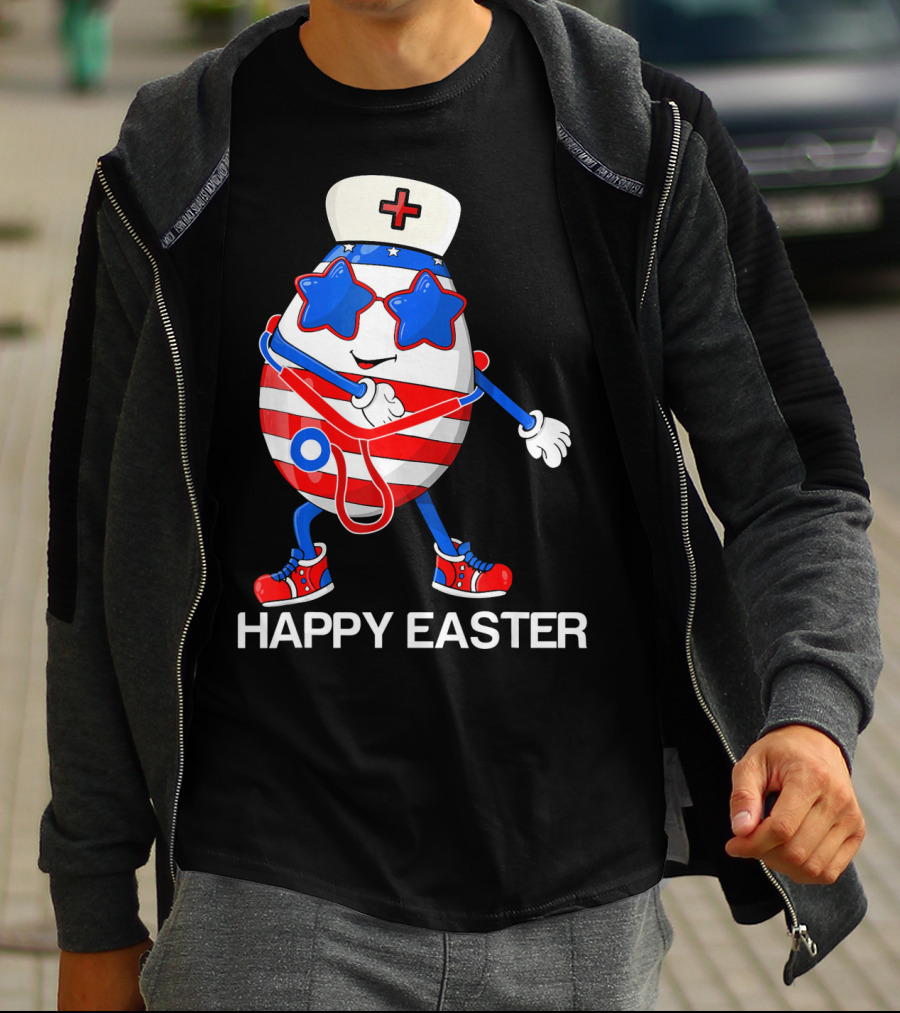 Happy Easter Flossing Egg With Stethoscope Nurse Hat And Stars T-Shirt