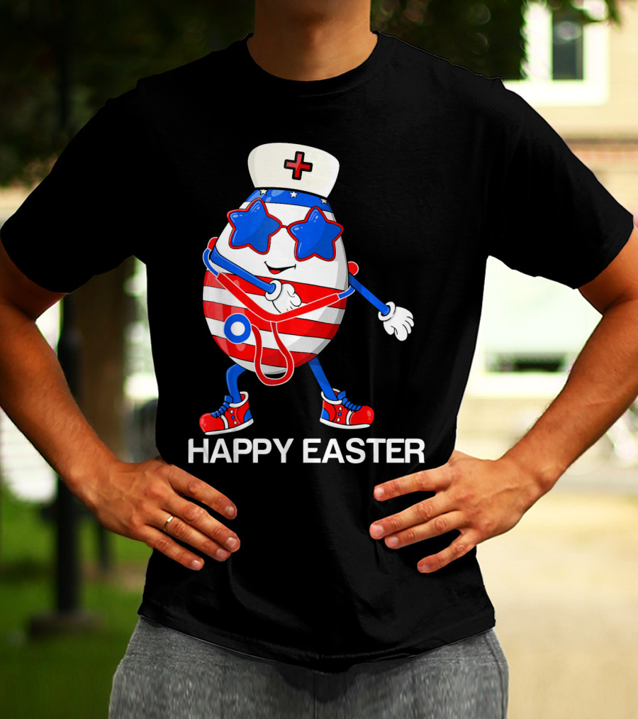 Happy Easter Flossing Egg With Stethoscope Nurse Hat And Stars T-Shirt