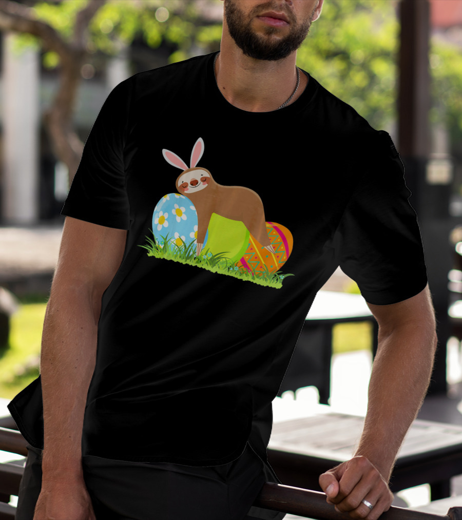 Funny Sloth Easter Day Bunny Ear Egg Decorated T-Shirt
