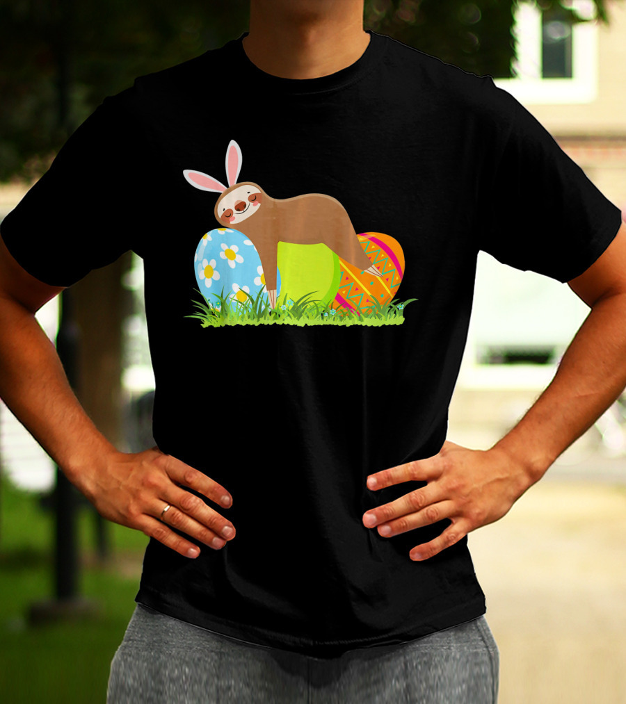 Funny Sloth Easter Day Bunny Ear Egg Decorated T-Shirt
