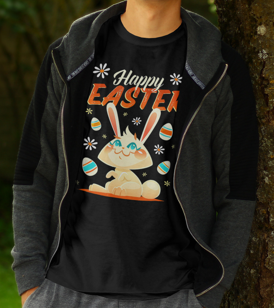 Happy Easter Bunny Surrounded By Colorful Eggs And Daisies T-Shirt