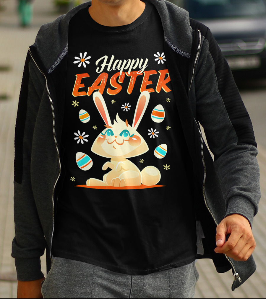 Happy Easter Bunny Surrounded By Colorful Eggs And Daisies T-Shirt