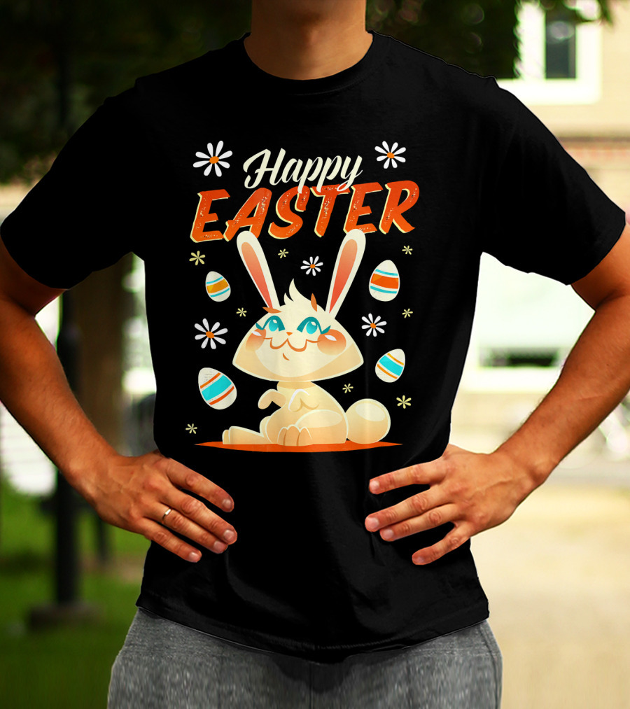 Happy Easter Bunny Surrounded By Colorful Eggs And Daisies T-Shirt