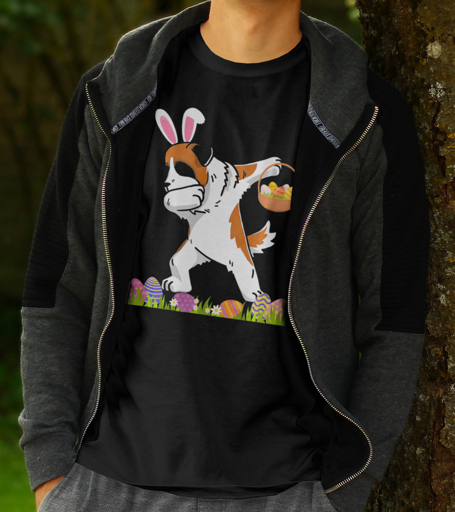 Funny Saint Bernard Dog Dabbing With Easter Bunny Ears And Basket Of Eggs T-Shirt