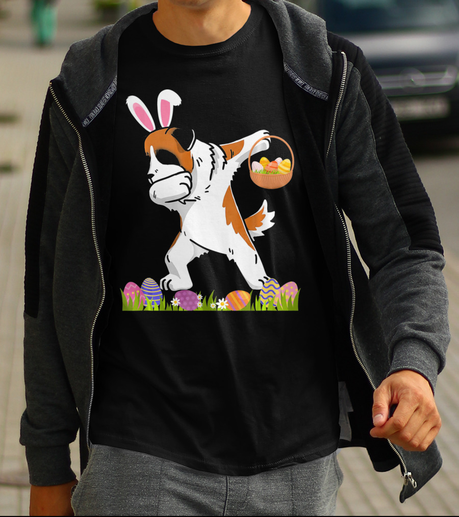 Funny Saint Bernard Dog Dabbing With Easter Bunny Ears And Basket Of Eggs T-Shirt