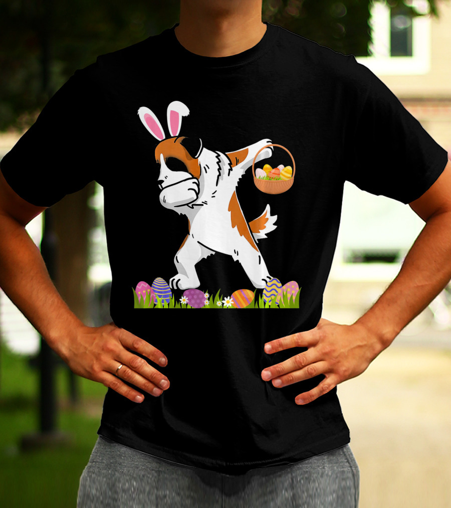Funny Saint Bernard Dog Dabbing With Easter Bunny Ears And Basket Of Eggs T-Shirt