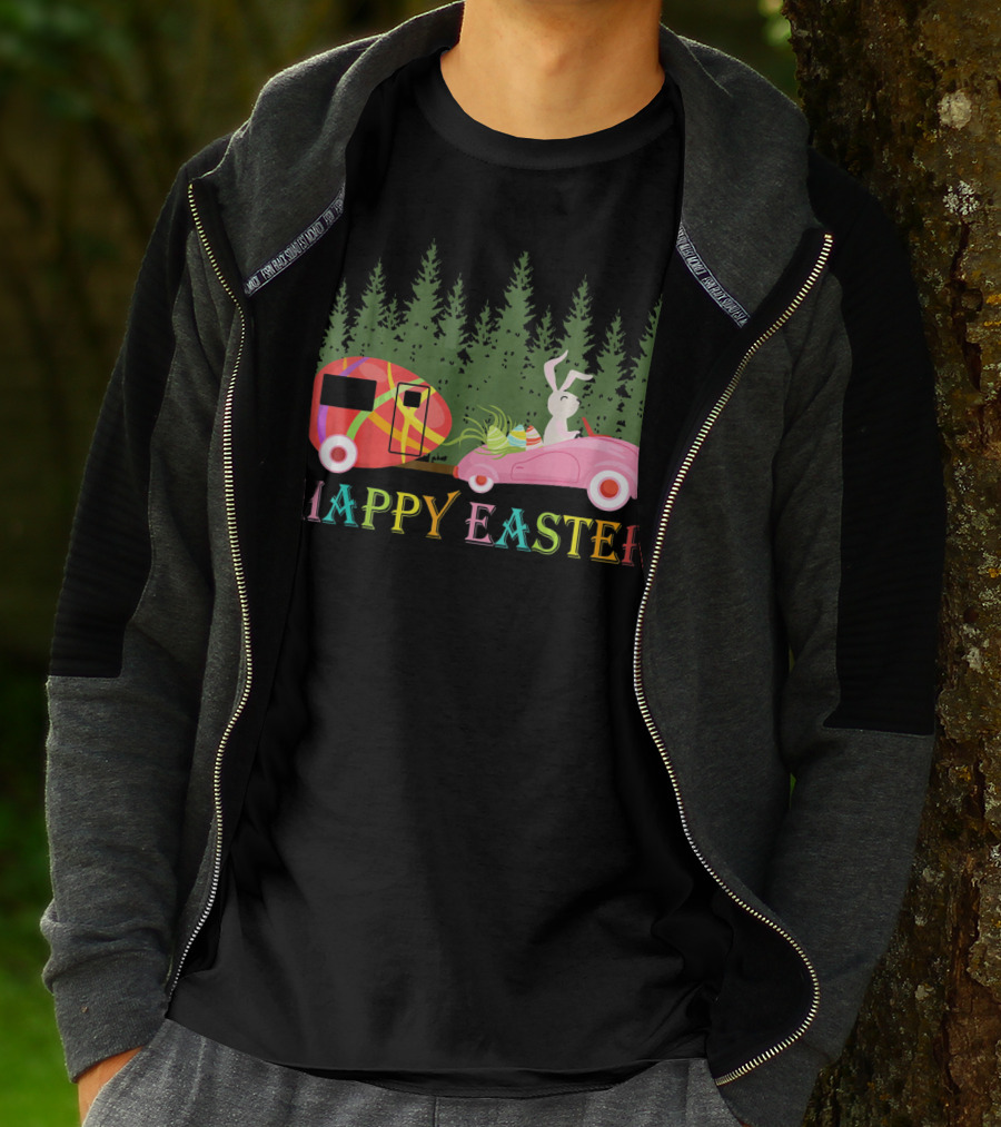 Happy Easter Day Bunny With Egg Camper And Car In Forest T-Shirt