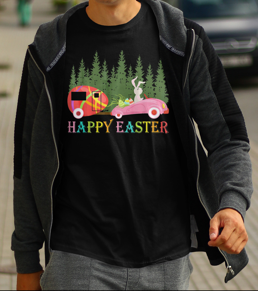 Happy Easter Day Bunny With Egg Camper And Car In Forest T-Shirt