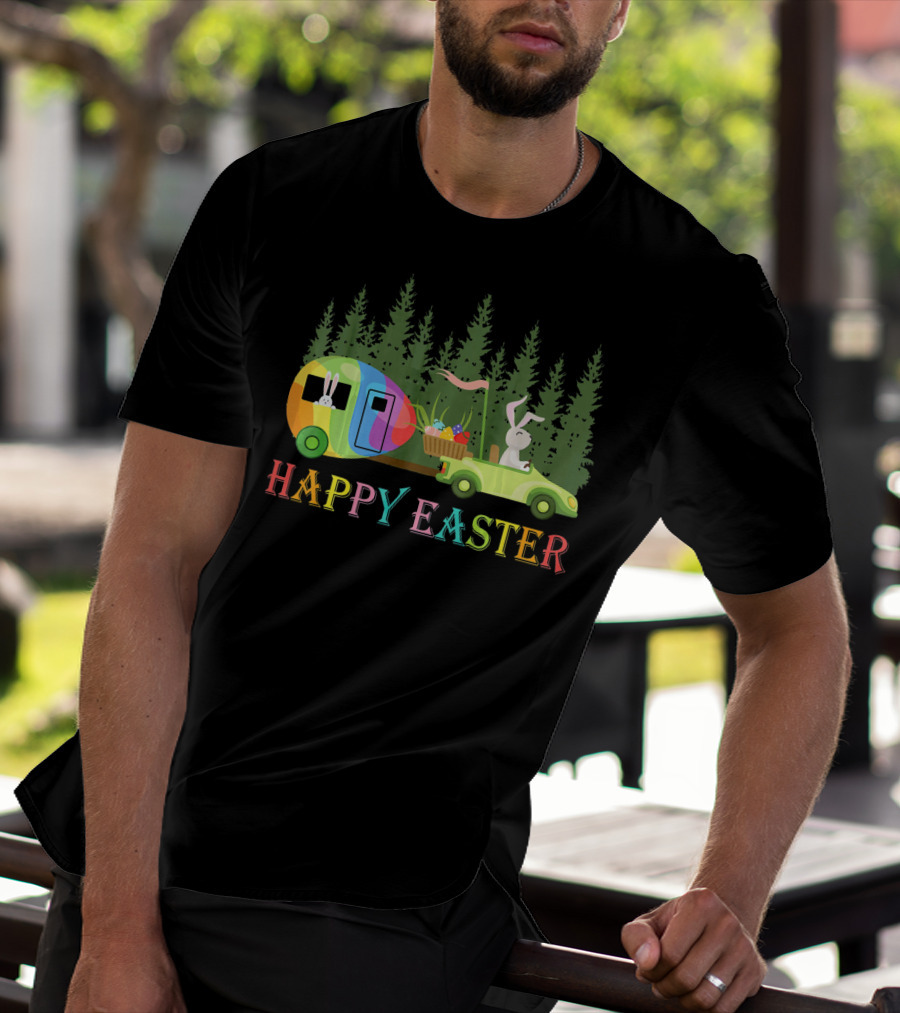 Happy Easter Bunny Driving Colorful Camper With Eggs In Forest T-Shirt