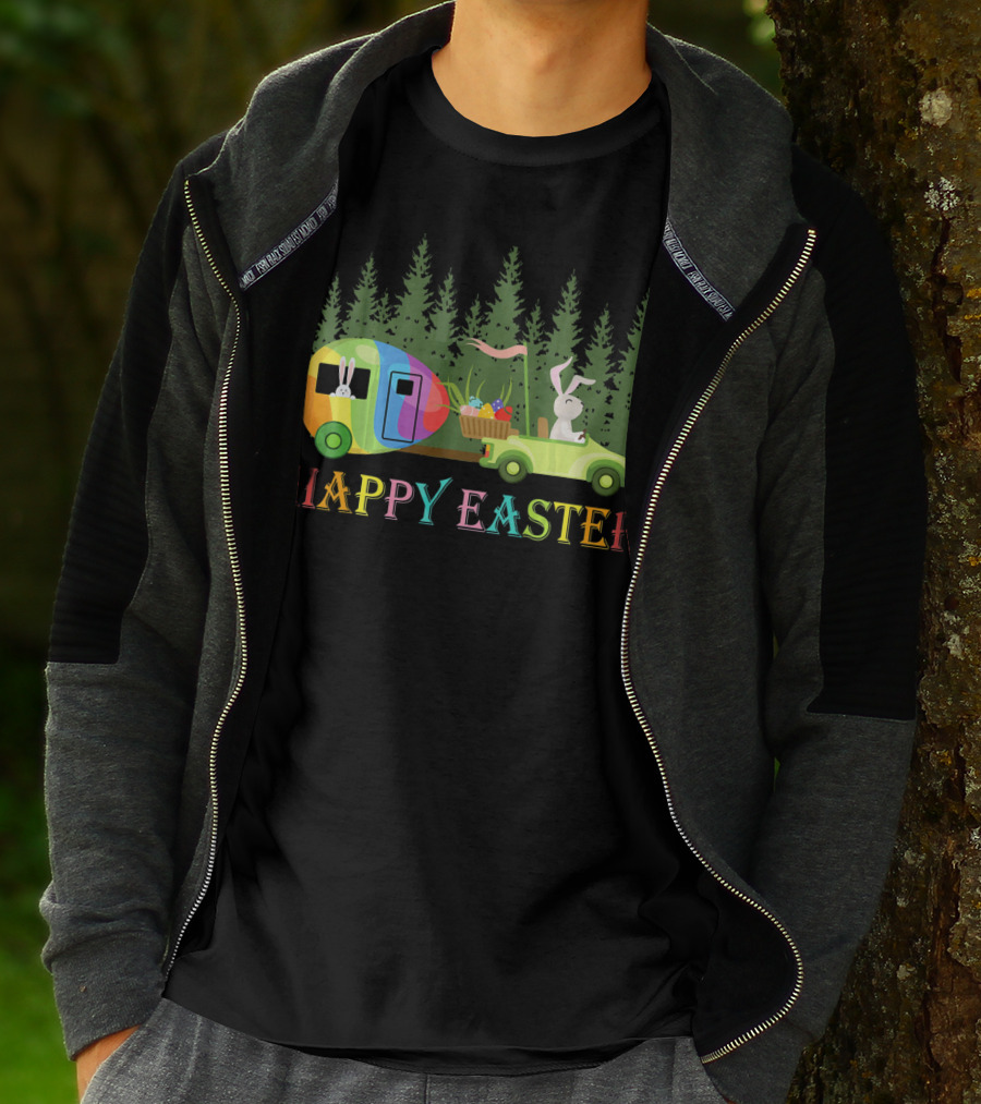 Happy Easter Bunny Driving Colorful Camper With Eggs In Forest T-Shirt
