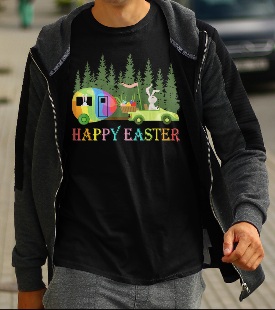 Happy Easter Bunny Driving Colorful Camper With Eggs In Forest T-Shirt