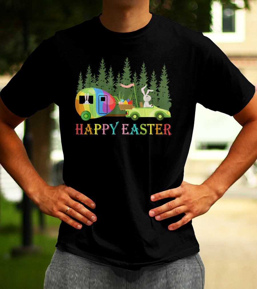 Happy Easter Bunny Driving Colorful Camper With Eggs In Forest T-Shirt