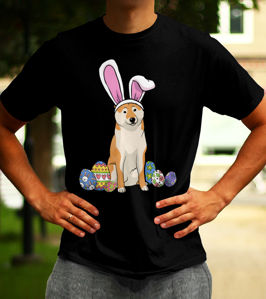 Shiba Inu With Bunny Ears And Colorful Easter Eggs T-Shirt