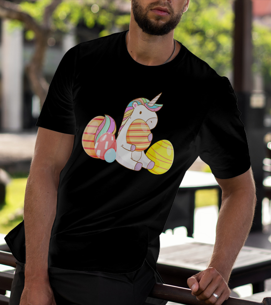 Unicorn Bunny Hugging Colorful Easter Eggs T-Shirt