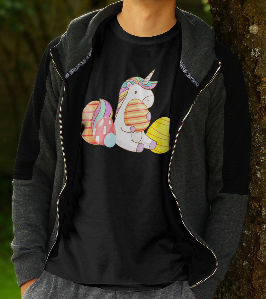 Unicorn Bunny Hugging Colorful Easter Eggs T-Shirt