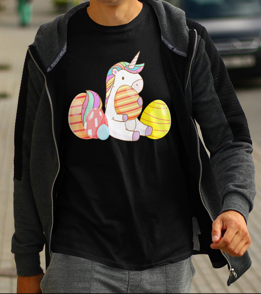 Unicorn Bunny Hugging Colorful Easter Eggs T-Shirt