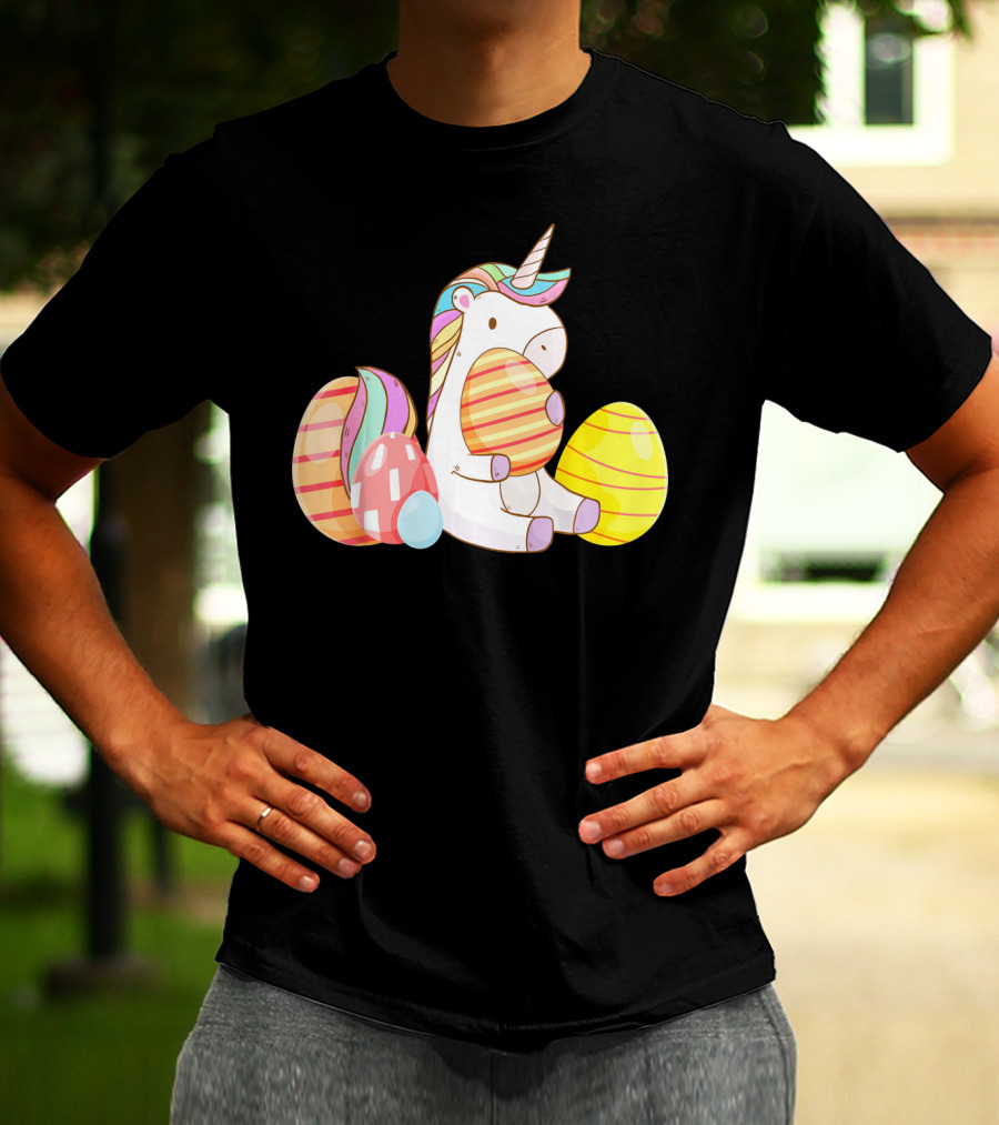 Unicorn Bunny Hugging Colorful Easter Eggs T-Shirt