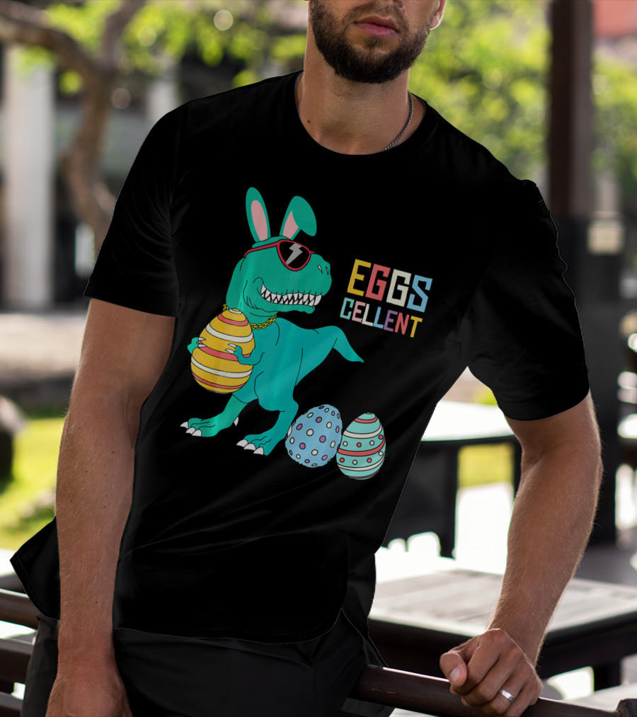 Easter Dinosaur Eggs Cellent T-Rex With Sunglasses And Striped Polka Dot Eggs T-Shirt