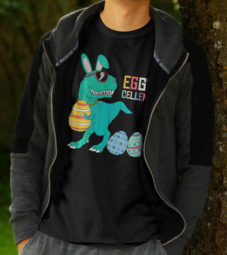 Easter Dinosaur Eggs Cellent T-Rex With Sunglasses And Striped Polka Dot Eggs T-Shirt