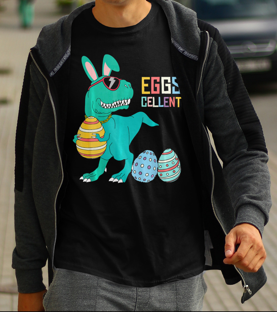 Easter Dinosaur Eggs Cellent T-Rex With Sunglasses And Striped Polka Dot Eggs T-Shirt