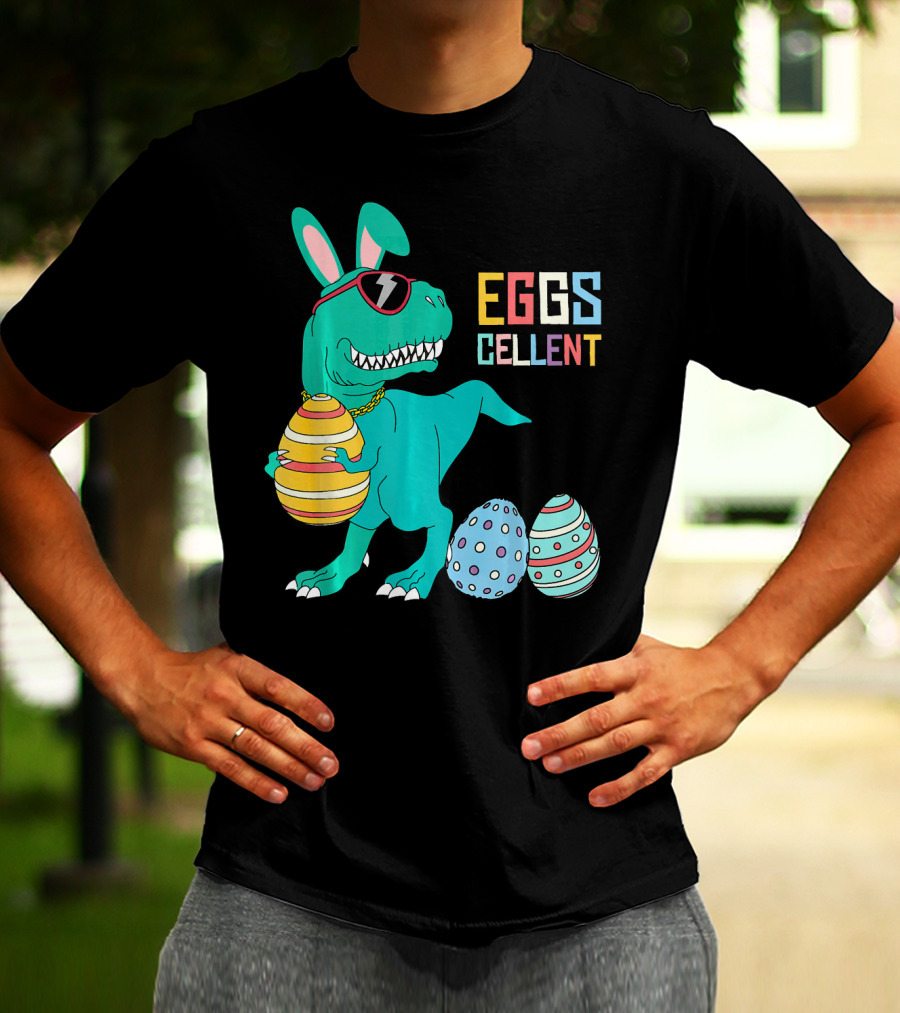 Easter Dinosaur Eggs Cellent T-Rex With Sunglasses And Striped Polka Dot Eggs T-Shirt