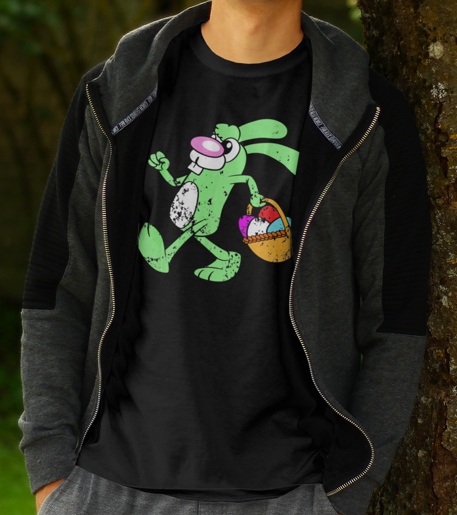 Retro Vintage Grunge Easter Bunny With Colorful Egg Basket T-Shirt