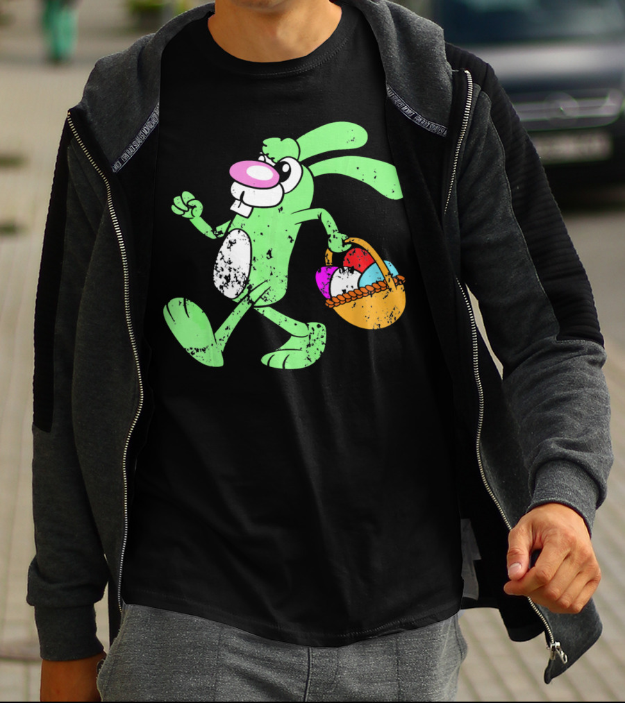 Retro Vintage Grunge Easter Bunny With Colorful Egg Basket T-Shirt