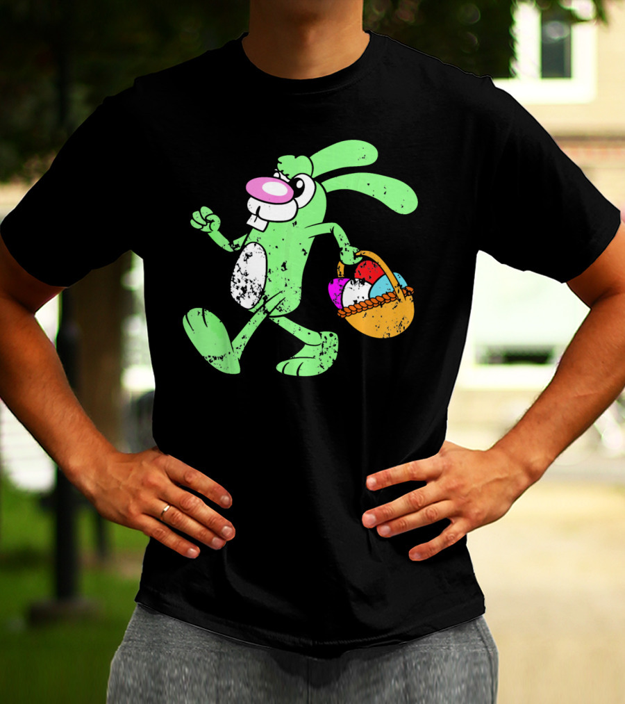 Retro Vintage Grunge Easter Bunny With Colorful Egg Basket T-Shirt