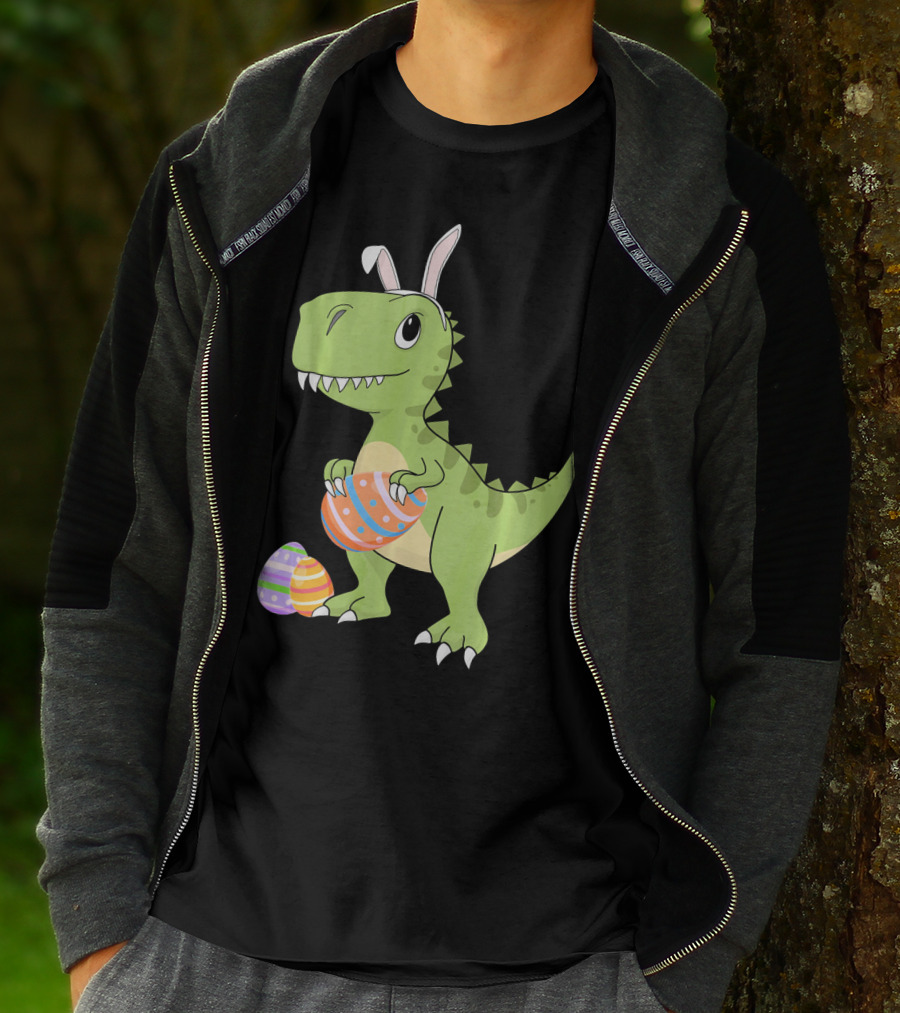 Easter Dinosaur Kids T-Rex With Bunny Ears Holding Colorful Eggs T-Shirt