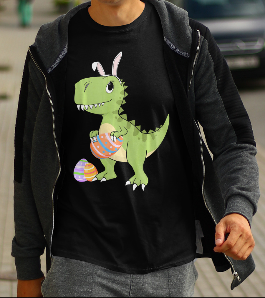 Easter Dinosaur Kids T-Rex With Bunny Ears Holding Colorful Eggs T-Shirt