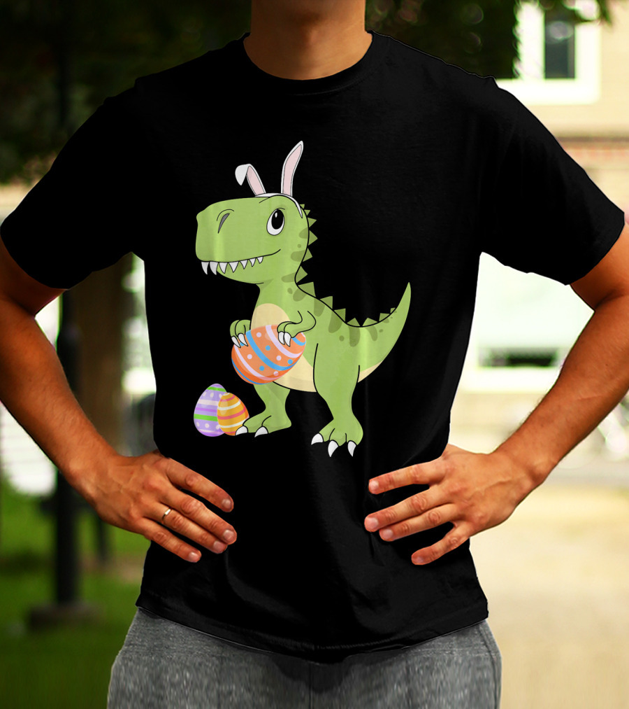 Easter Dinosaur Kids T-Rex With Bunny Ears Holding Colorful Eggs T-Shirt