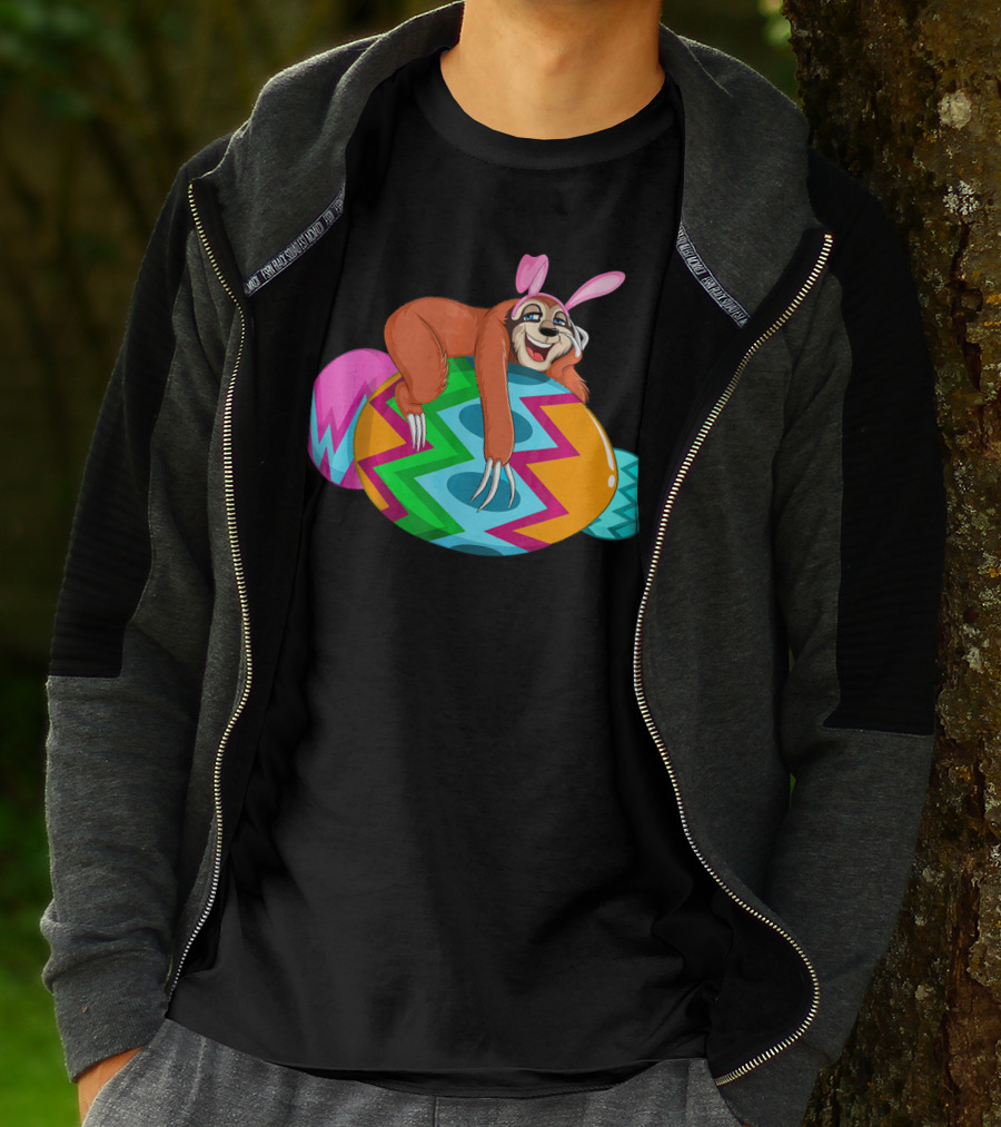 Cool Lazy Sloth Bunny On Colorful Easter Egg Hunt T-Shirt