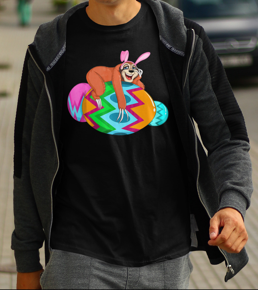 Cool Lazy Sloth Bunny On Colorful Easter Egg Hunt T-Shirt