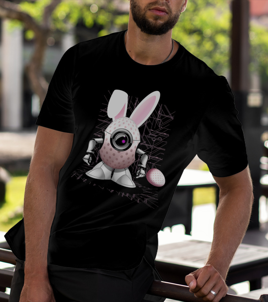 Happy Easter Bunny Robot Egg With Camera Eye And Circuit Background T-Shirt