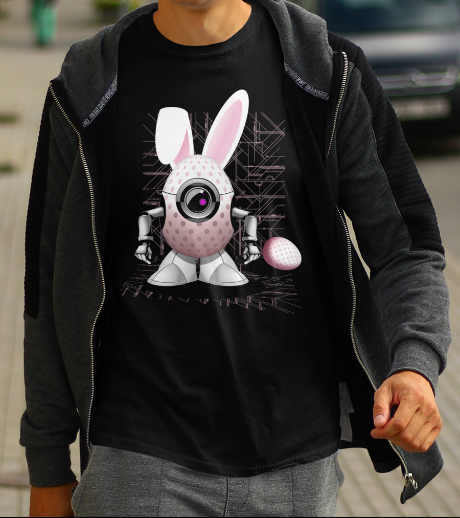 Happy Easter Bunny Robot Egg With Camera Eye And Circuit Background T-Shirt