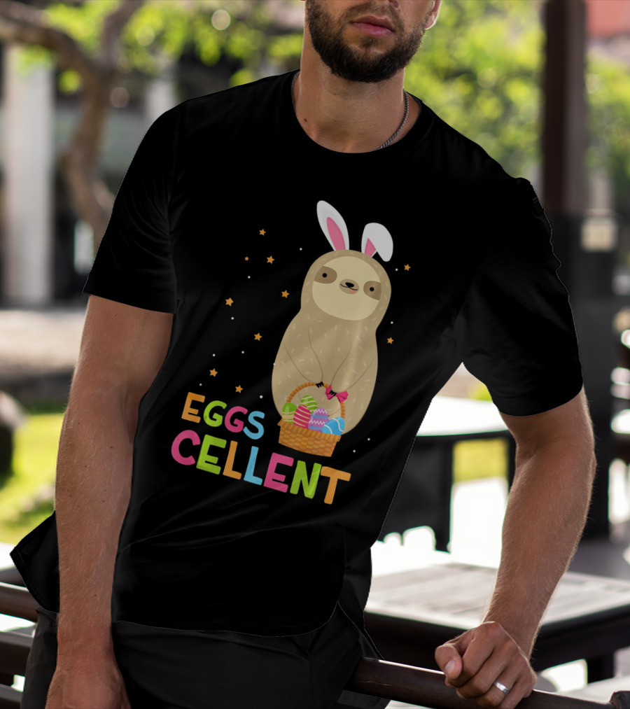 Sloth In Bunny Ears Holding Easter Eggs Cellent Basket T-Shirt