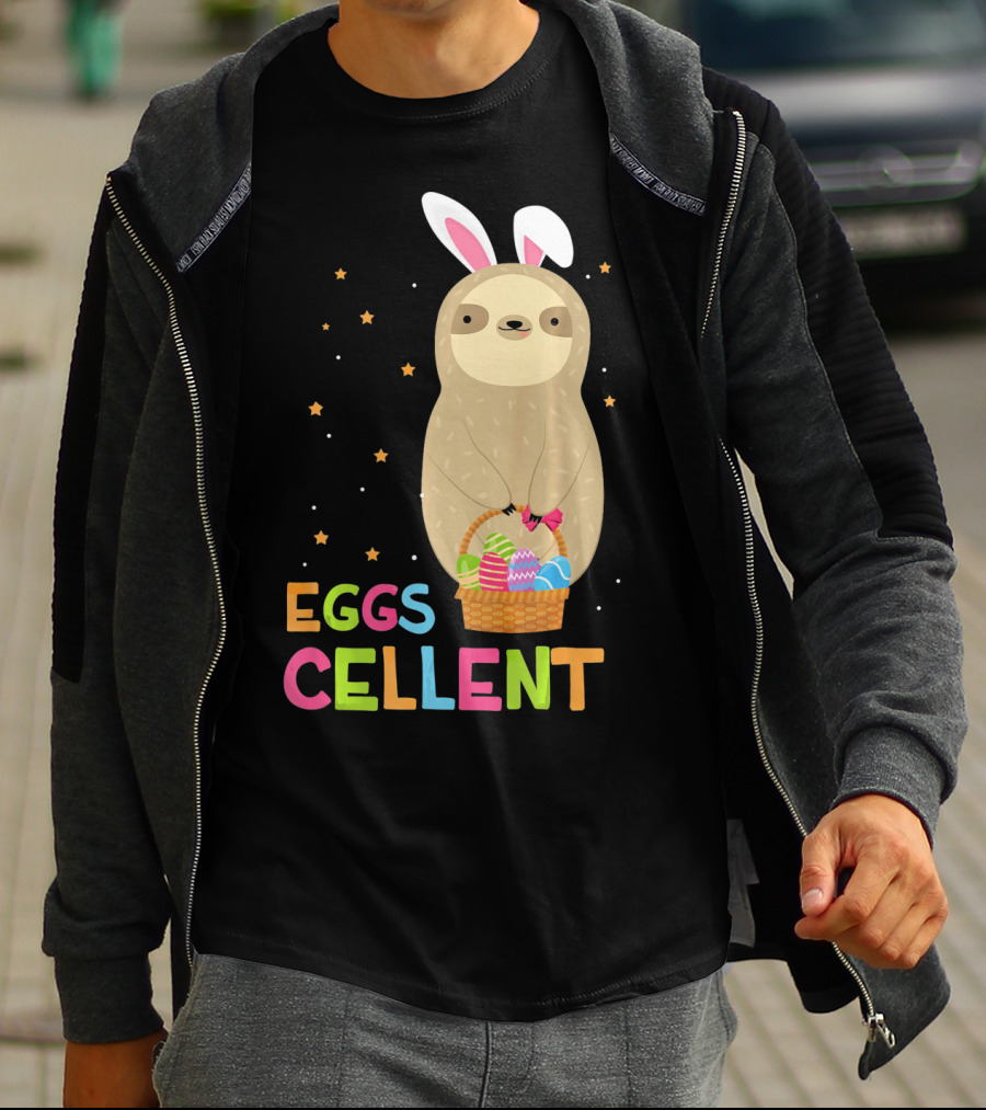 Sloth In Bunny Ears Holding Easter Eggs Cellent Basket T-Shirt