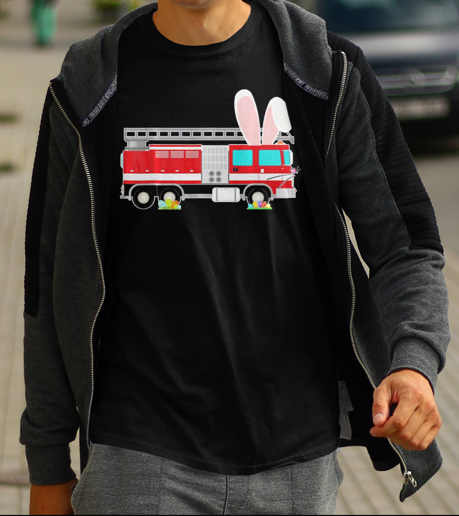 Easter Bunny Ear Fire Truck With Eggs And Carrots T-Shirt