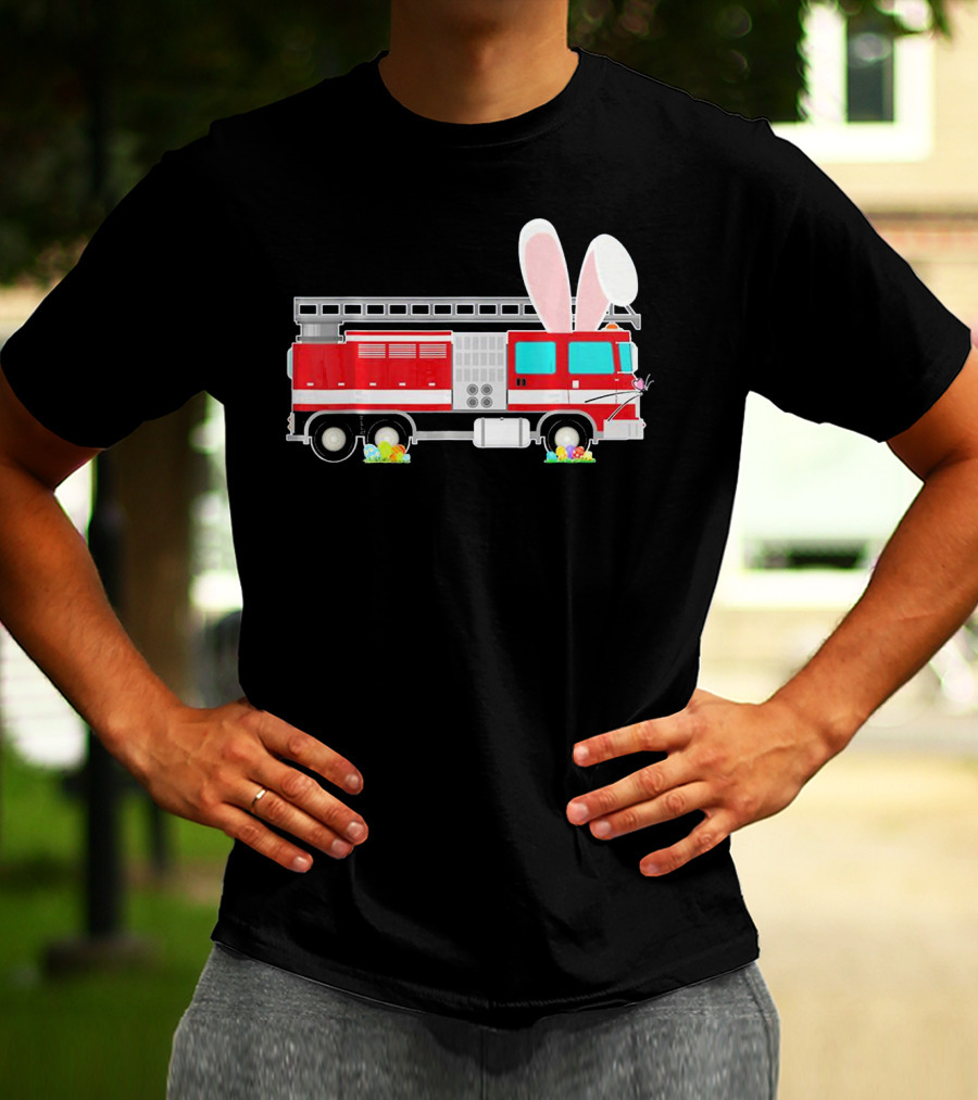 Easter Bunny Ear Fire Truck With Eggs And Carrots T-Shirt