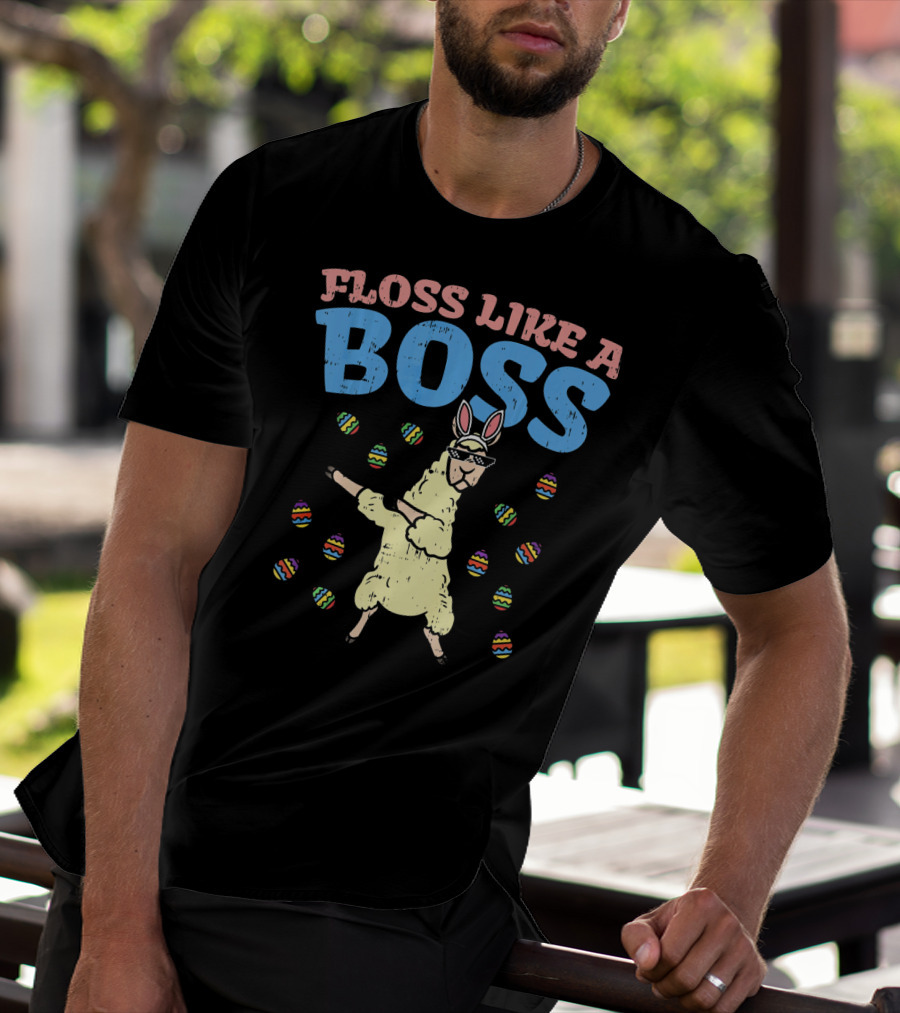 Floss Like A Boss Easter Llama Dancing With Bunny Ears And Colorful Eggs T-Shirt
