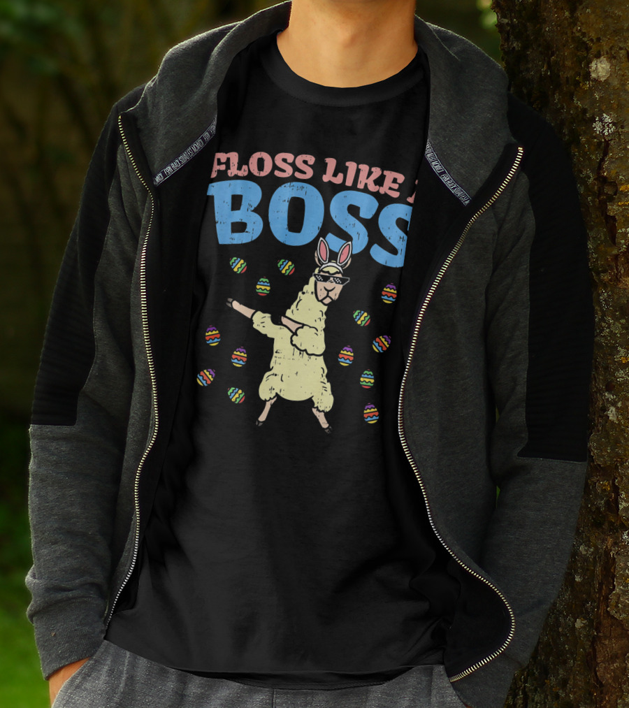 Floss Like A Boss Easter Llama Dancing With Bunny Ears And Colorful Eggs T-Shirt