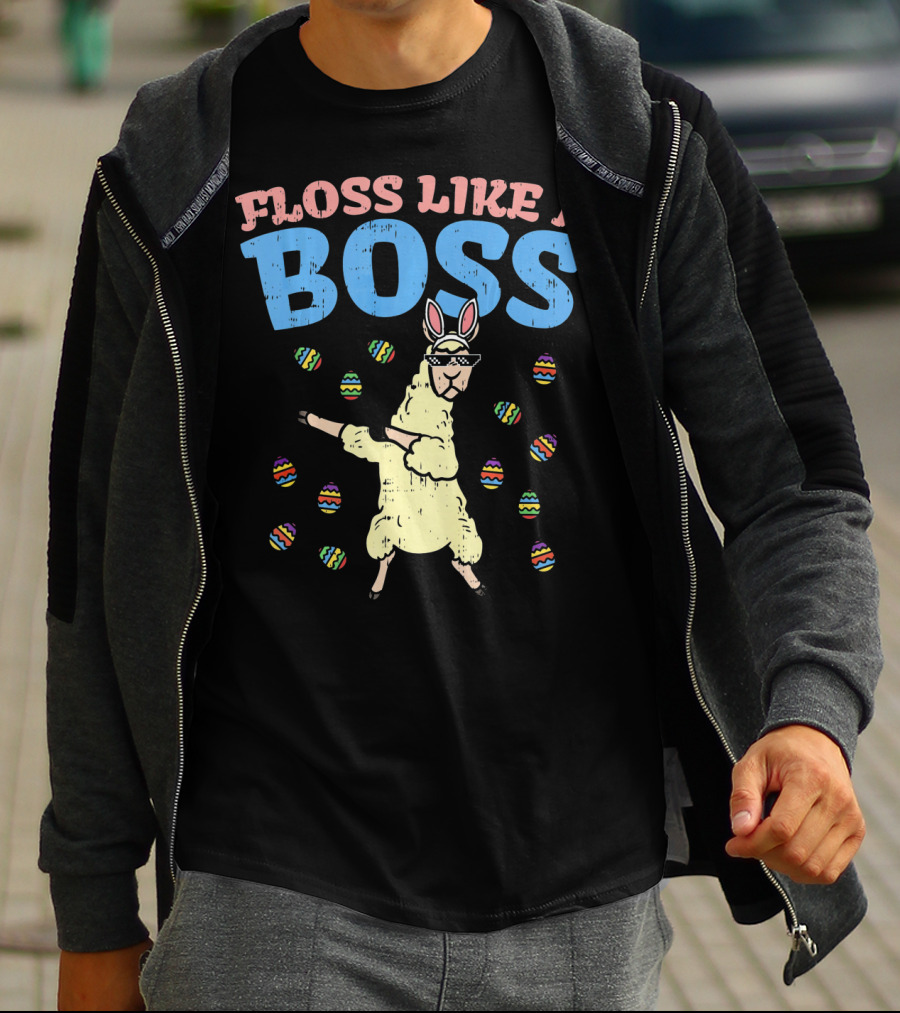 Floss Like A Boss Easter Llama Dancing With Bunny Ears And Colorful Eggs T-Shirt
